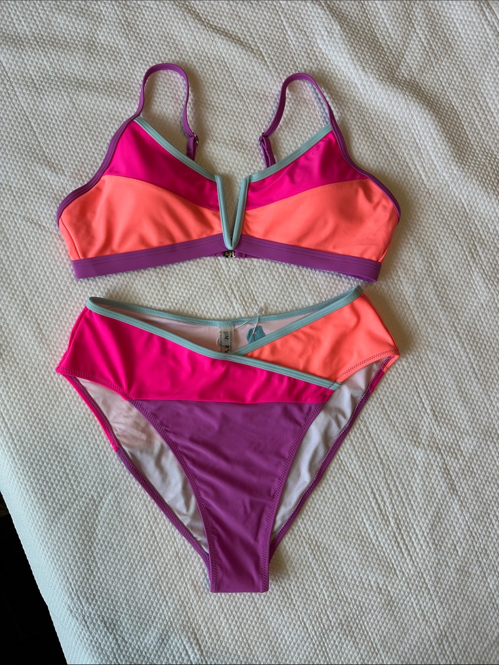 POPVIL Neon Colorblock High Waist Bikini Set Pink Orange Purple M